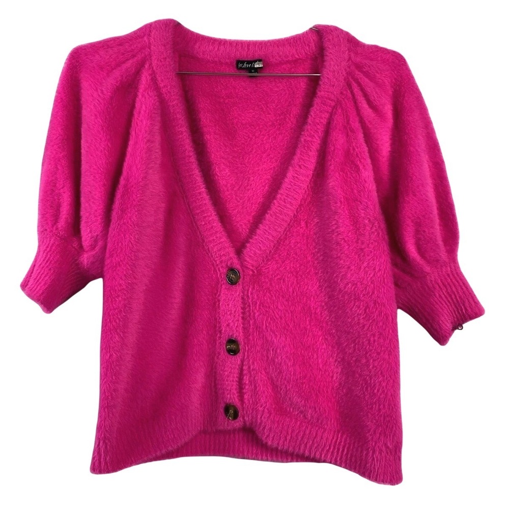 For‎ Love & Lemons Sweater Womens Medium Pink Fuzzy Eyelash Cardigan Puff Sleeve